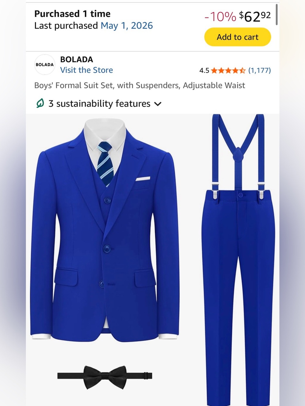 Bolada Boys' Bright Blue 3-Piece Formal Suit with Suspenders
